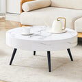 Table basse ronde moderne avec motif marbre, pieds en métal noir et pieds réglables, pour salon