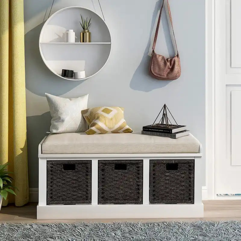 Banc de rangement d'entrée avec coussin et paniers