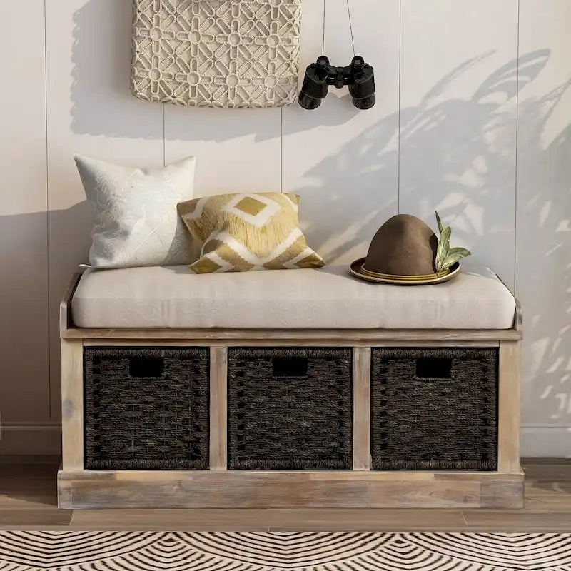 Banc de rangement d'entrée avec coussin et paniers