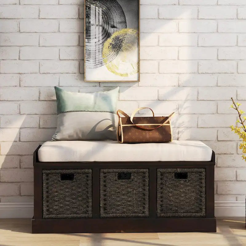 Banc de rangement d'entrée avec coussin et paniers