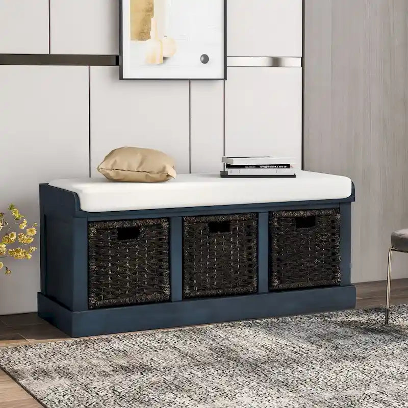 Banc de rangement d'entrée avec coussin et paniers