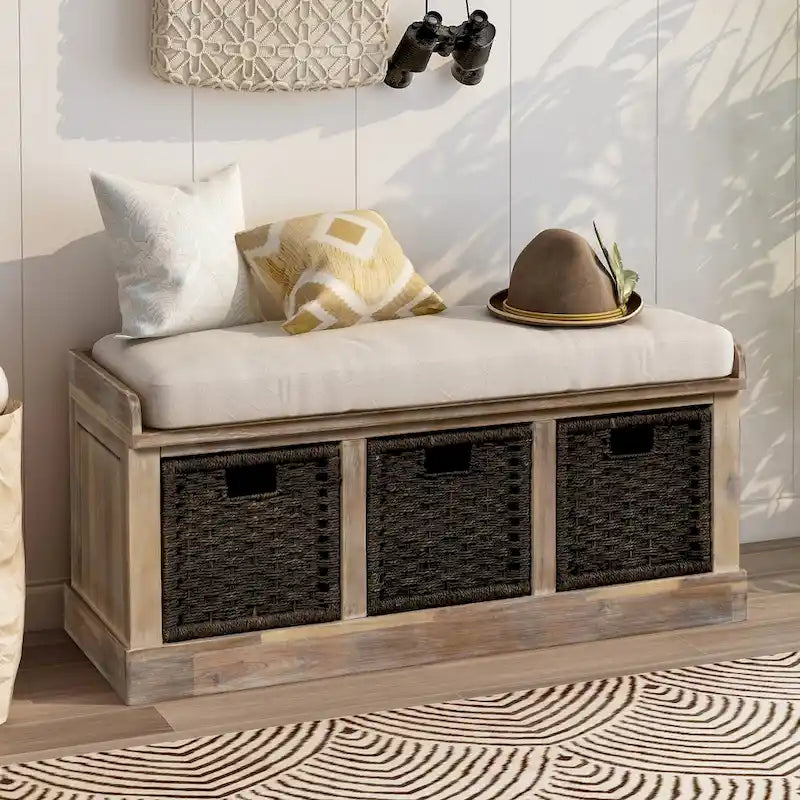 Banc de rangement d'entrée avec coussin et paniers