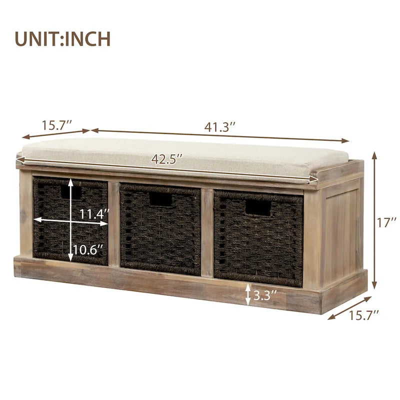 Banc de rangement d'entrée avec coussin et paniers