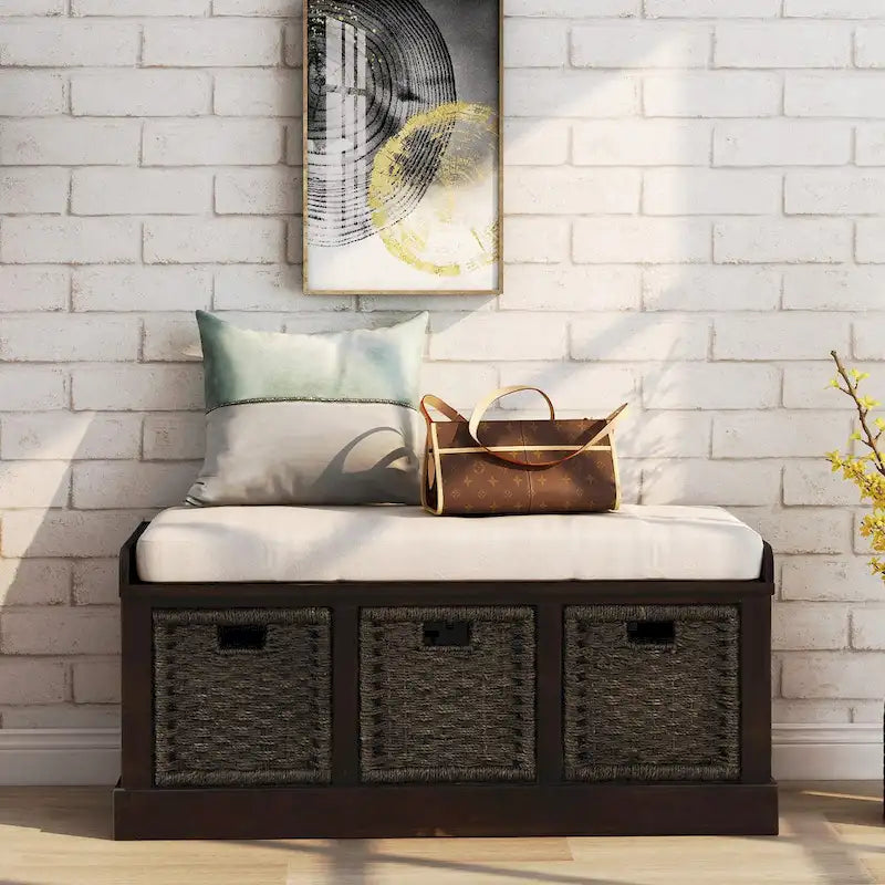 Banc de rangement d'entrée avec coussin et paniers