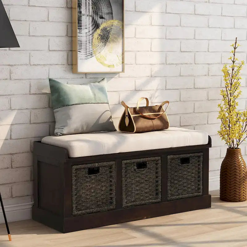 Banc de rangement d'entrée avec coussin et paniers