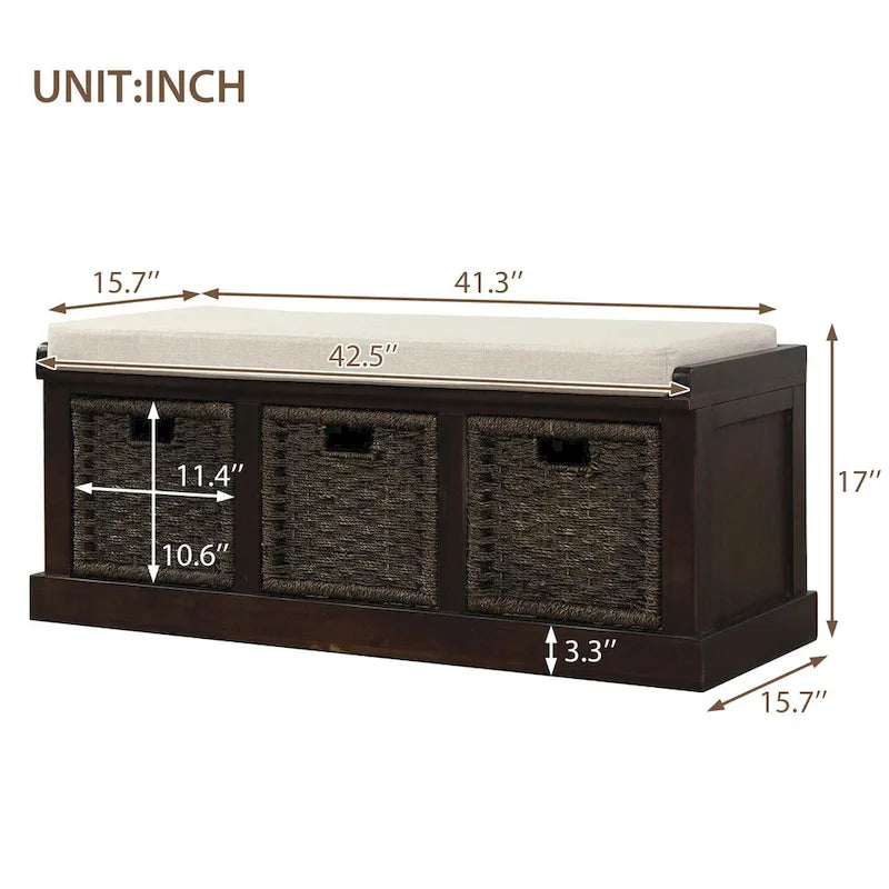 Banc de rangement d'entrée avec coussin et paniers