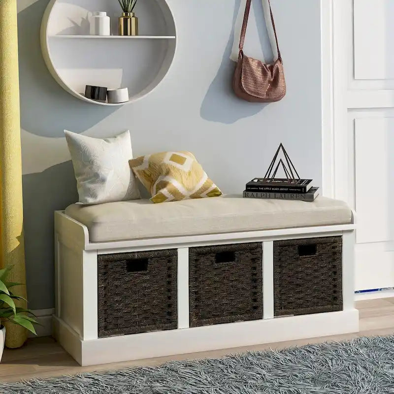 Banc de rangement d'entrée avec coussin et paniers