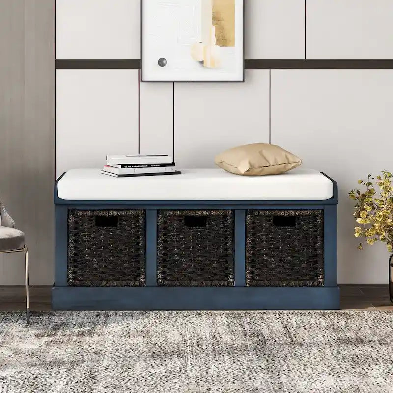 Banc de rangement d'entrée avec coussin et paniers