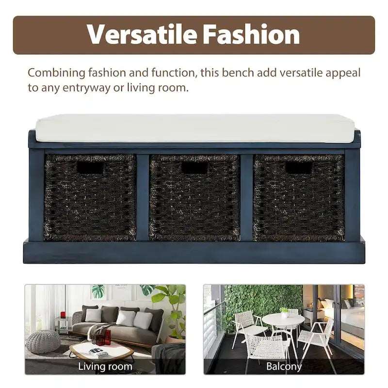 Banc de rangement d'entrée avec coussin et paniers