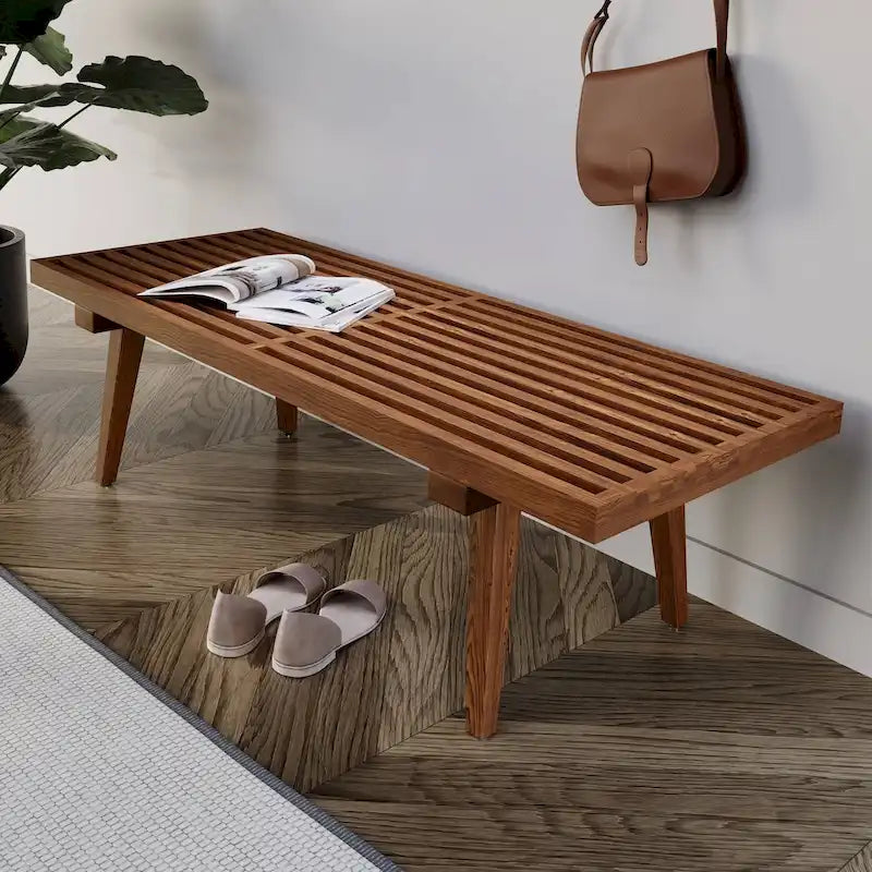 Banc d'entrée rectangulaire de 48 pouces en bois naturel au design moderne à lattes pour salon, maison et bureau