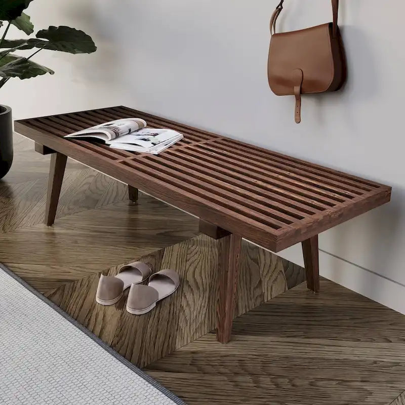 Banc d'entrée rectangulaire de 48 pouces en bois naturel au design moderne à lattes pour salon, maison et bureau