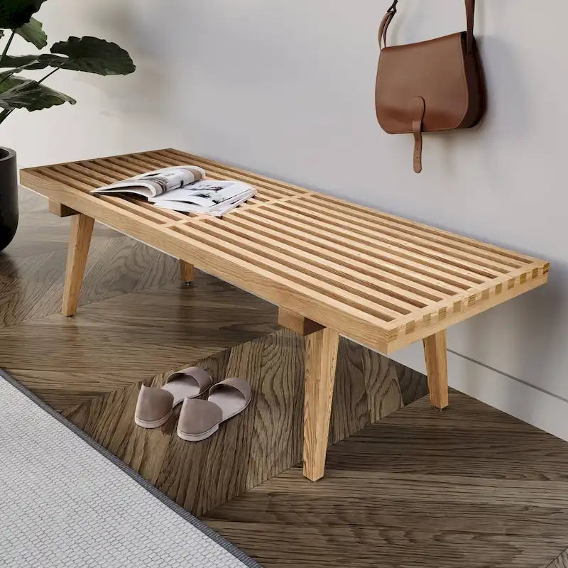 Banc d'entrée rectangulaire de 48 pouces en bois naturel au design moderne à lattes pour salon, maison et bureau