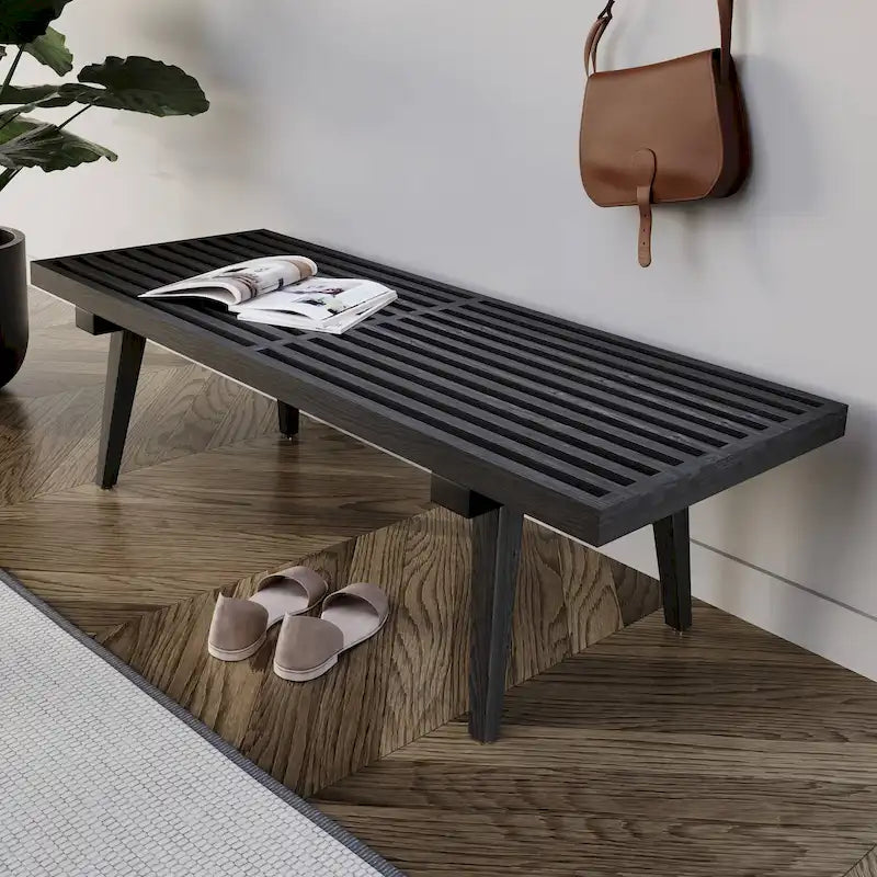 Banc d'entrée rectangulaire de 48 pouces en bois naturel au design moderne à lattes pour salon, maison et bureau