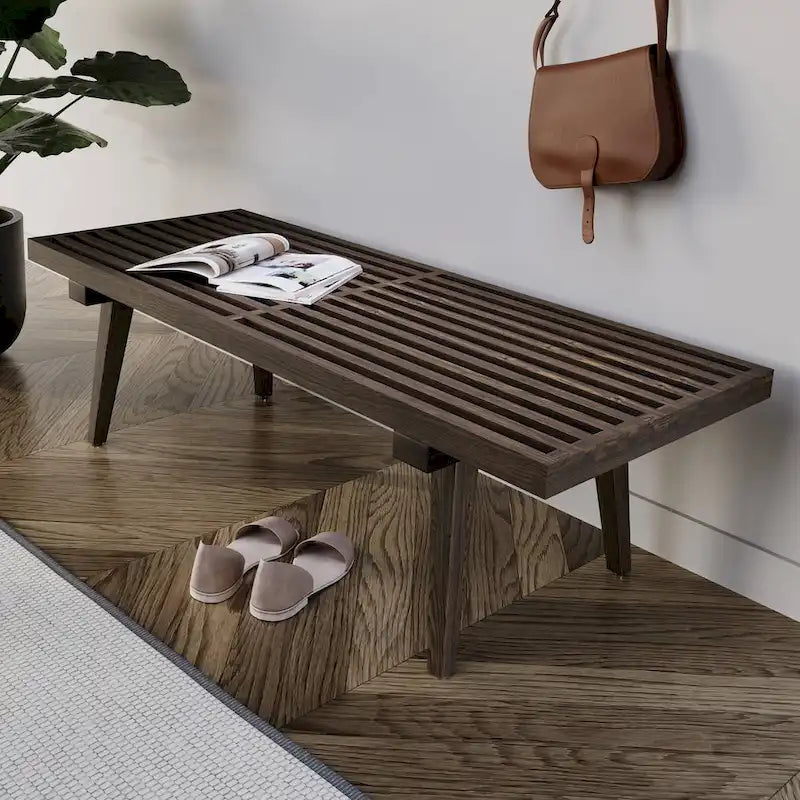 Banc d'entrée rectangulaire de 48 pouces en bois naturel au design moderne à lattes pour salon, maison et bureau