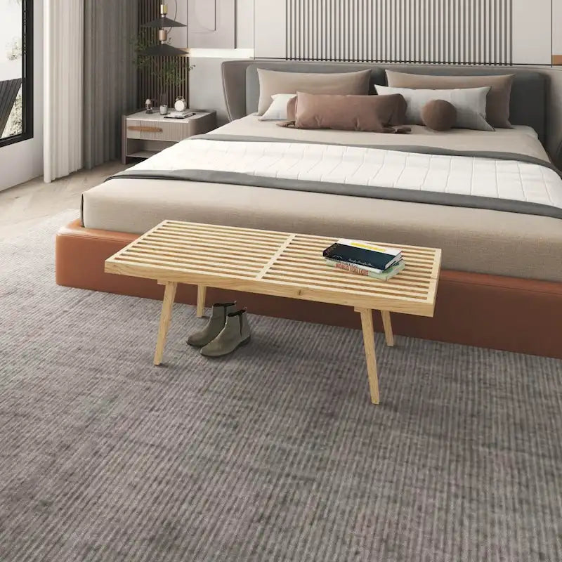 Banc d'entrée rectangulaire de 48 pouces en bois naturel au design moderne à lattes pour salon, maison et bureau