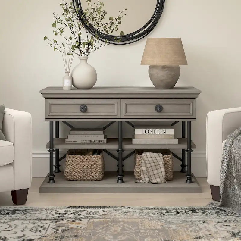 Console design avec tiroirs et étagères