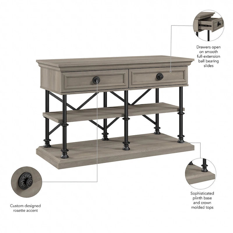 Console design avec tiroirs et étagères