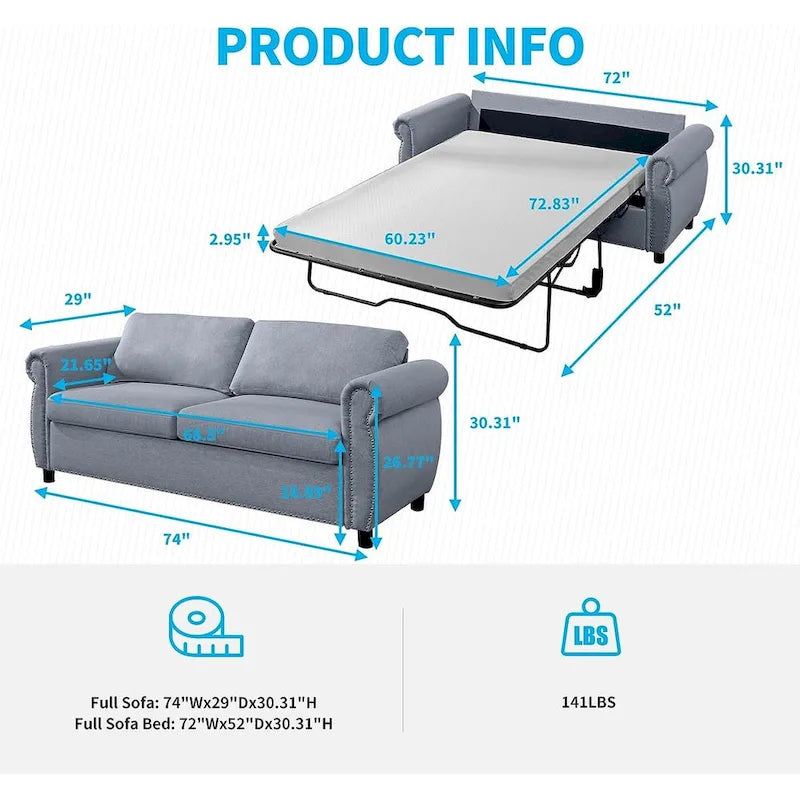 Canapé-lit convertible 2-en-1 avec matelas, causeuse rembourrée avec clous de tapissier