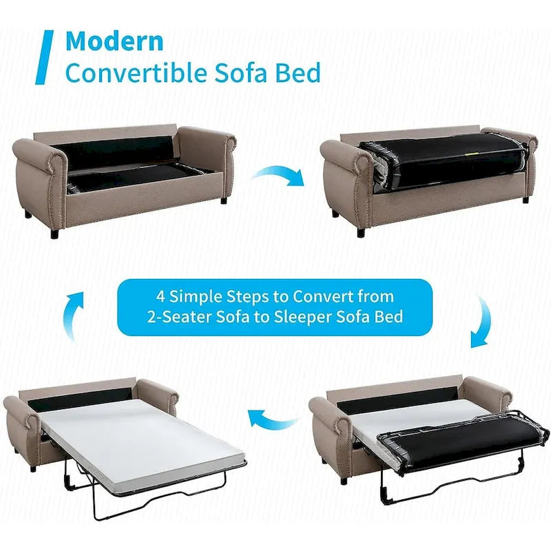 Canapé-lit convertible 2-en-1 avec matelas, causeuse rembourrée avec clous de tapissier