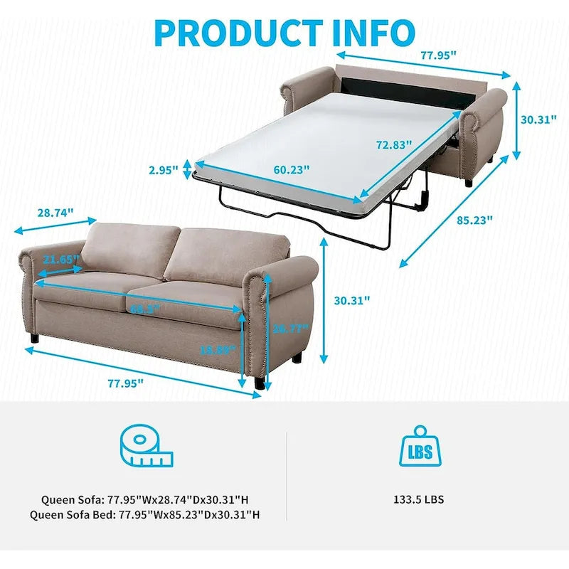 Canapé-lit convertible 2-en-1 avec matelas, causeuse rembourrée avec clous de tapissier