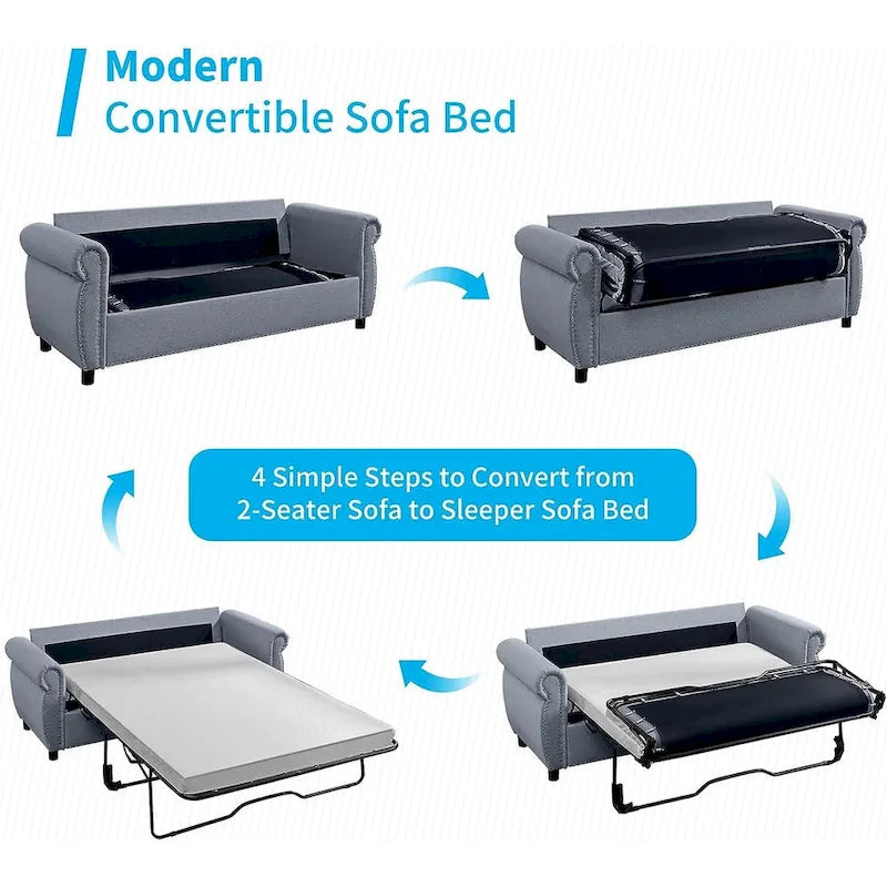 Canapé-lit convertible 2-en-1 avec matelas, causeuse rembourrée avec clous de tapissier