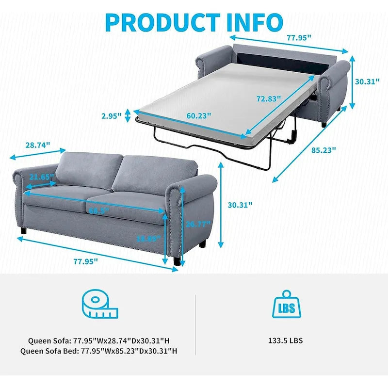 Canapé-lit convertible 2-en-1 avec matelas, causeuse rembourrée avec clous de tapissier