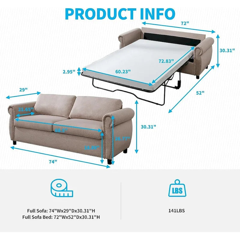 Canapé-lit convertible 2-en-1 avec matelas, causeuse rembourrée avec clous de tapissier