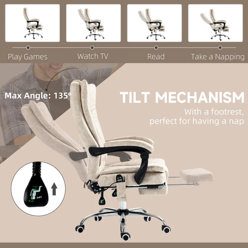 Fauteuil de bureau massant 6 points, inclinable à dossier haut et chauffant, hauteur réglable, roulettes pivotantes