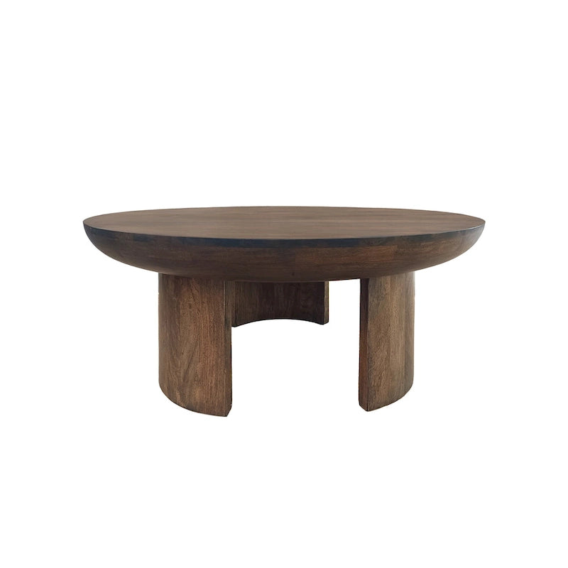 Table Basse 35 Pouces, Plateau Rond en Bois de Mangue Fait à la Main, Pieds Trépied Courbés Modernes, Noyer Marron