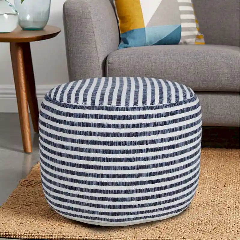 Pouf rond rayé bleu et blanc de 18 po