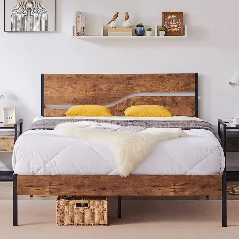 Javlergo Metal Platform Bed Frame with Wooden Headboard and Footboard, Industrial Metal Bedframe No Box Spring Needed