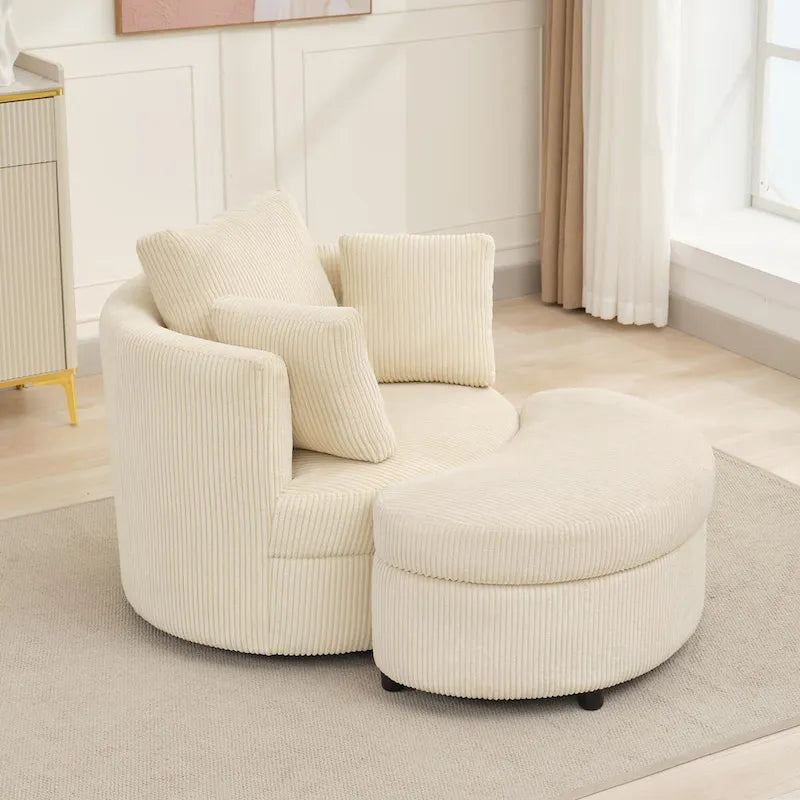 Fauteuil d'appoint en velours côtelé, fauteuil baquet avec pouf et coussins de dossier pour salon