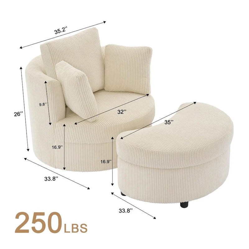 Fauteuil d'appoint en velours côtelé, fauteuil baquet avec pouf et coussins de dossier pour salon