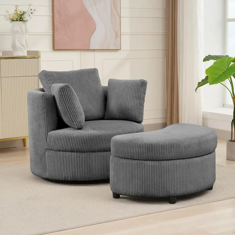 Fauteuil d'appoint en velours côtelé, fauteuil baquet avec pouf et coussins de dossier pour salon