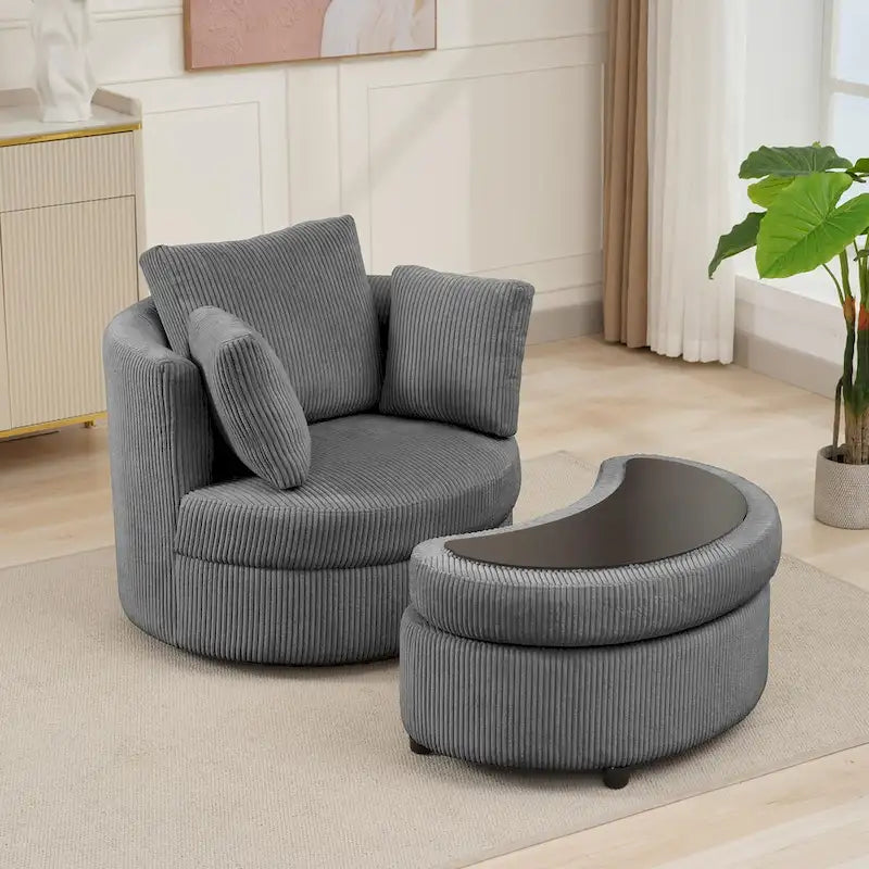 Fauteuil d'appoint en velours côtelé, fauteuil baquet avec pouf et coussins de dossier pour salon