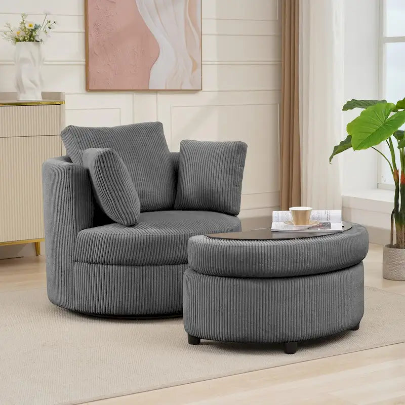 Fauteuil d'appoint en velours côtelé, fauteuil baquet avec pouf et coussins de dossier pour salon