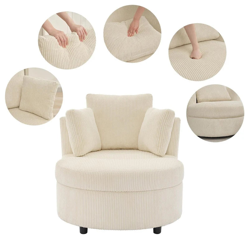 Fauteuil d'appoint en velours côtelé, fauteuil baquet avec pouf et coussins de dossier pour salon