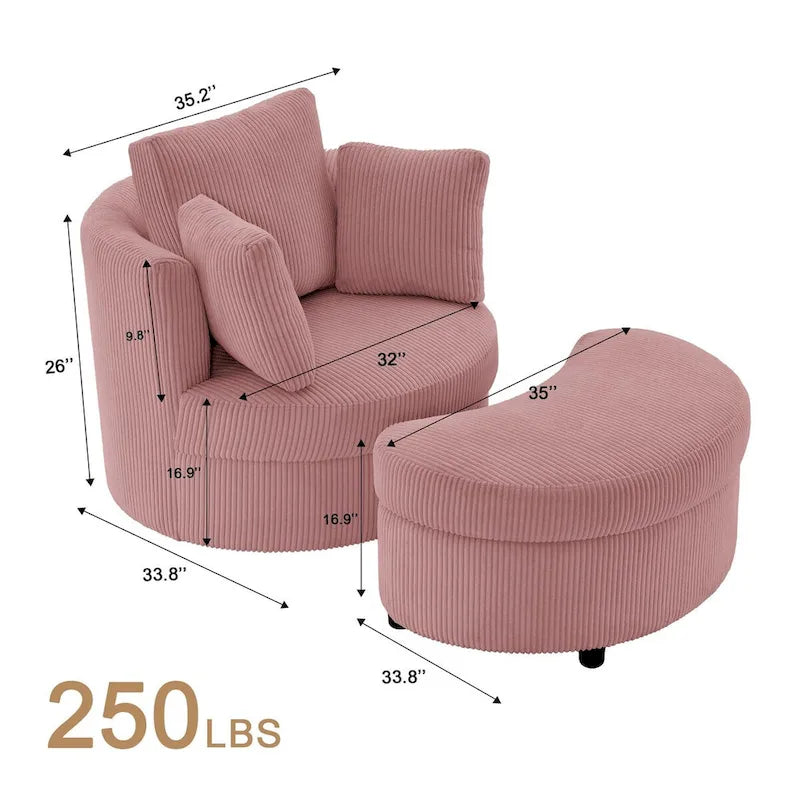 Fauteuil d'appoint en velours côtelé, fauteuil baquet avec pouf et coussins de dossier pour salon