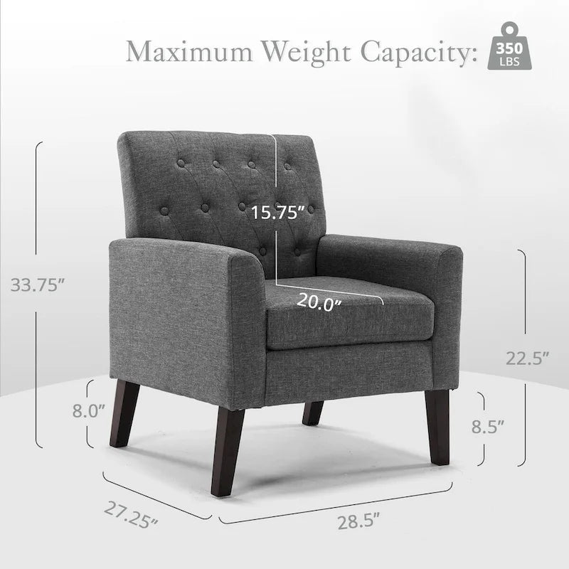 Fauteuil d'appoint capitonné moderne du milieu du siècle avec pieds en noyer et lin – 29,53 H X 30 L X 33,07 P