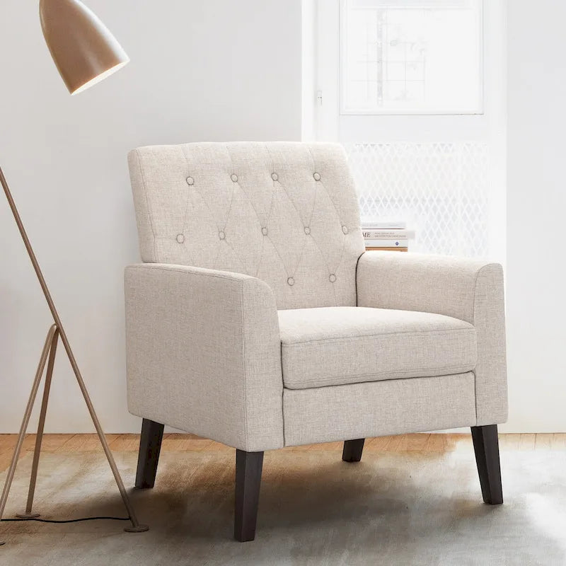 Fauteuil d'appoint capitonné moderne du milieu du siècle avec pieds en noyer et lin – 29,53 H X 30 L X 33,07 P