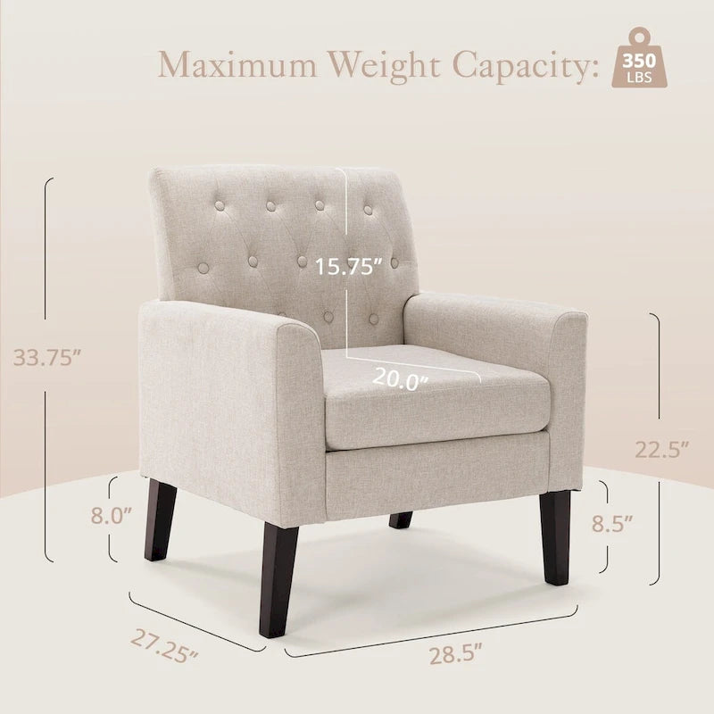 Fauteuil d'appoint capitonné moderne du milieu du siècle avec pieds en noyer et lin – 29,53 H X 30 L X 33,07 P