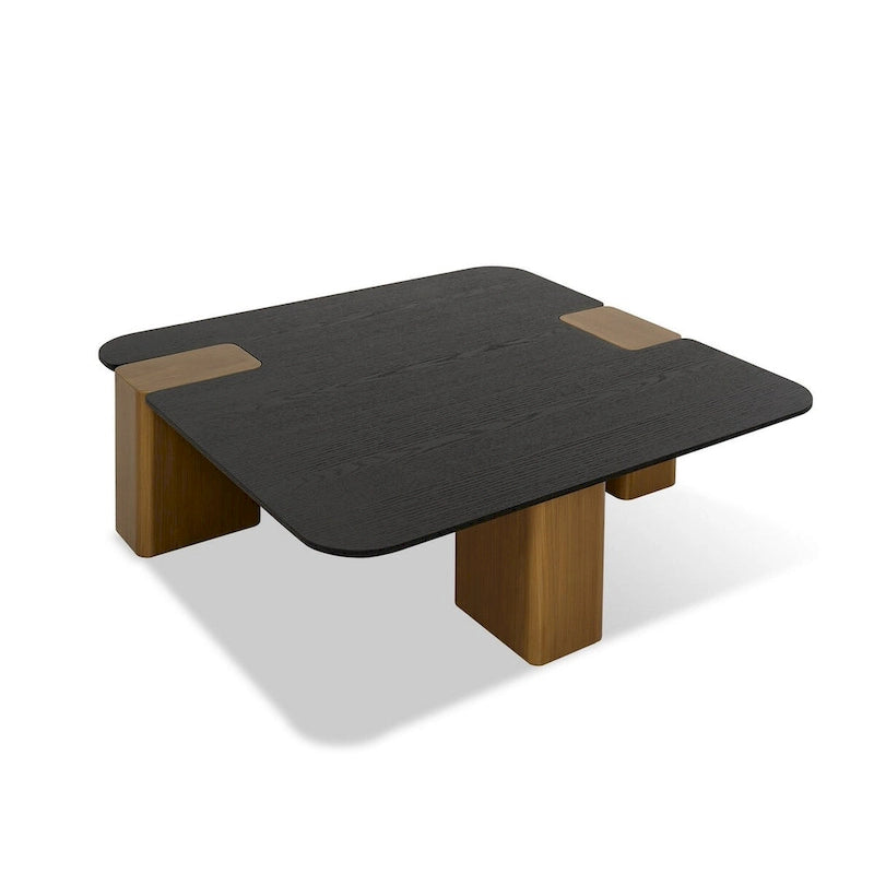 Cid Casy 39 Inch Coffee Table, Square Black Veneer, Brushed Gold Block Legs