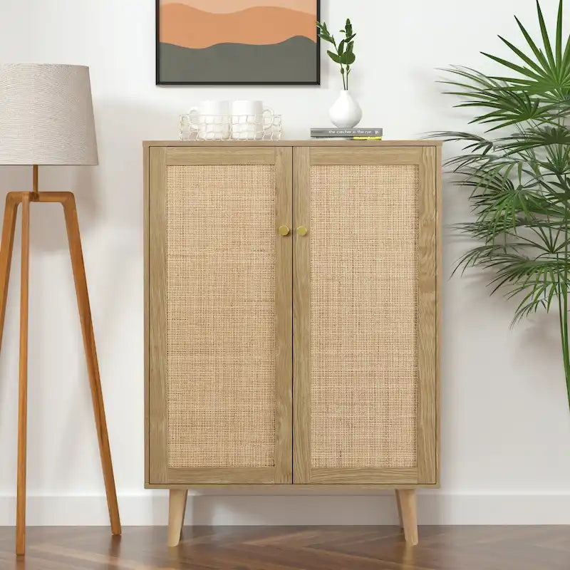 Bahut moderne 2 portes en rotin, meuble de rangement de cuisine pour salon