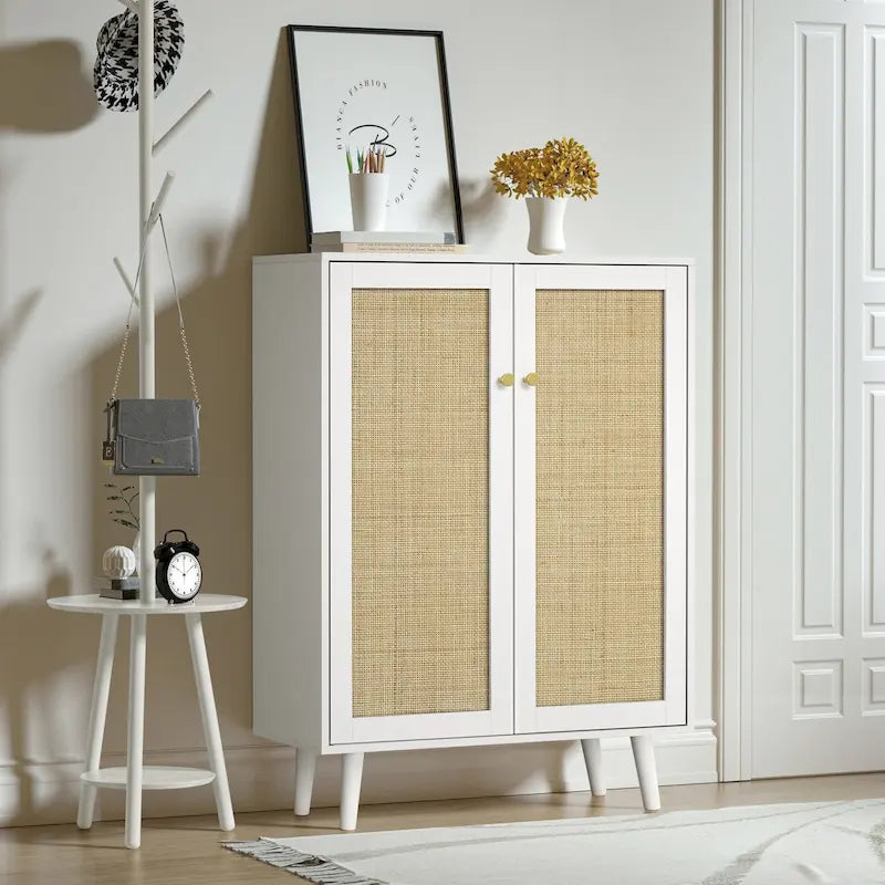 Bahut moderne 2 portes en rotin, meuble de rangement de cuisine pour salon
