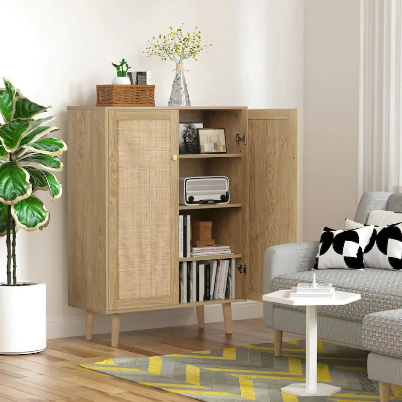 Bahut moderne 2 portes en rotin, meuble de rangement de cuisine pour salon