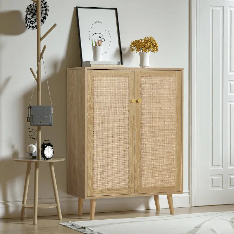 Bahut moderne 2 portes en rotin, meuble de rangement de cuisine pour salon