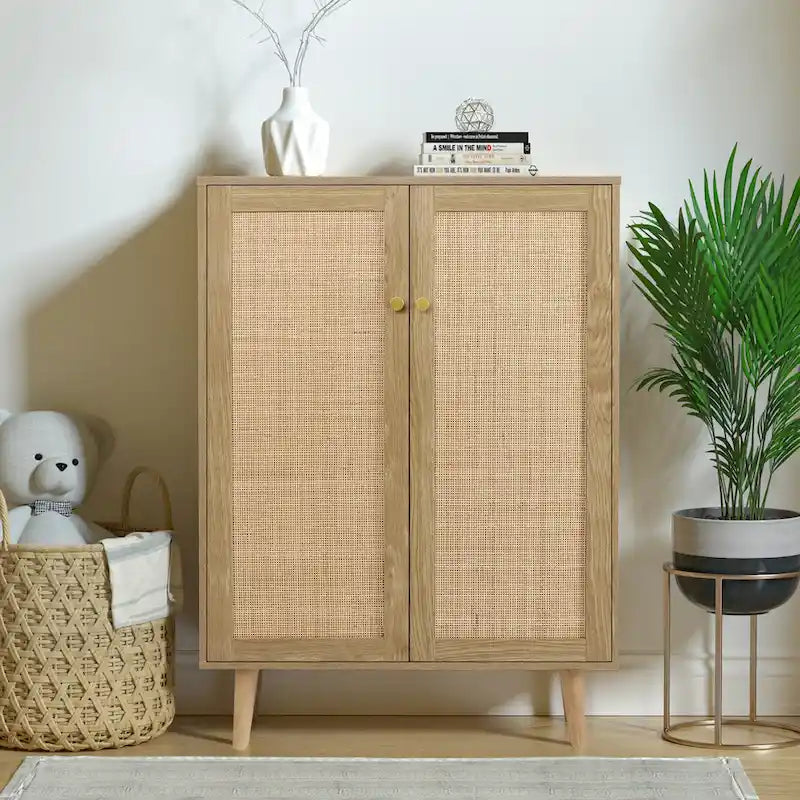 Bahut moderne 2 portes en rotin, meuble de rangement de cuisine pour salon