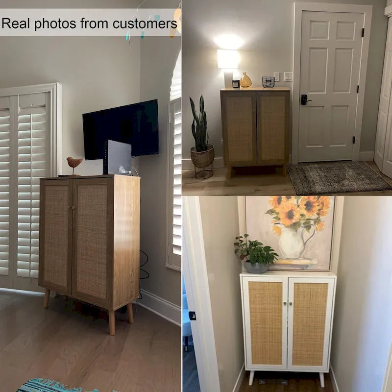Bahut moderne 2 portes en rotin, meuble de rangement de cuisine pour salon