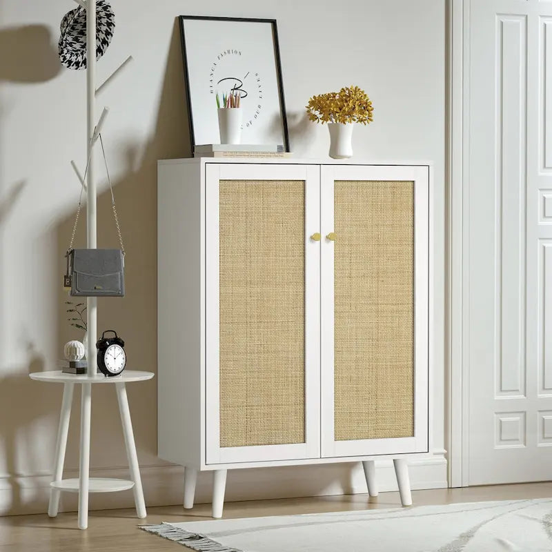 Bahut moderne 2 portes en rotin, meuble de rangement de cuisine pour salon