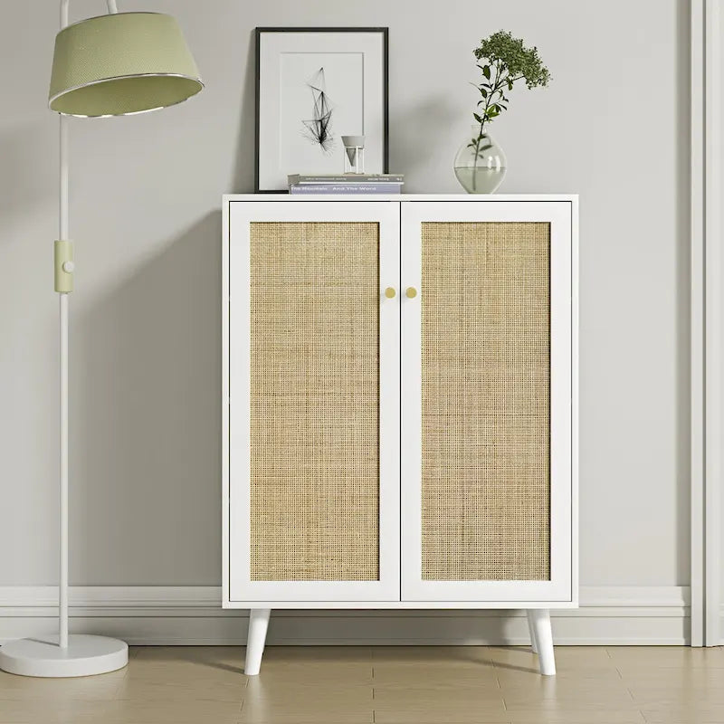 Bahut moderne 2 portes en rotin, meuble de rangement de cuisine pour salon
